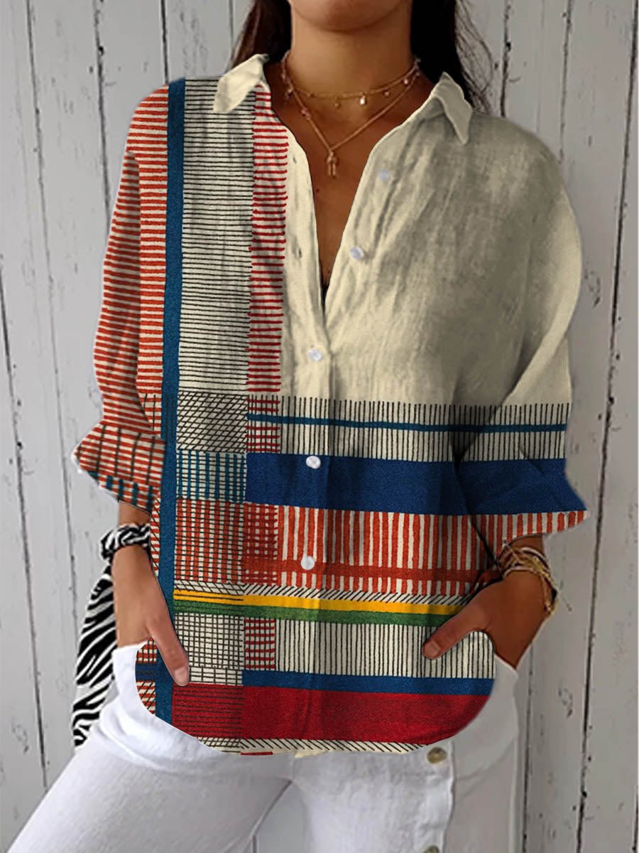 Women's Geometric Pattern Long Sleeve Button-Front Blouse - Multicolor