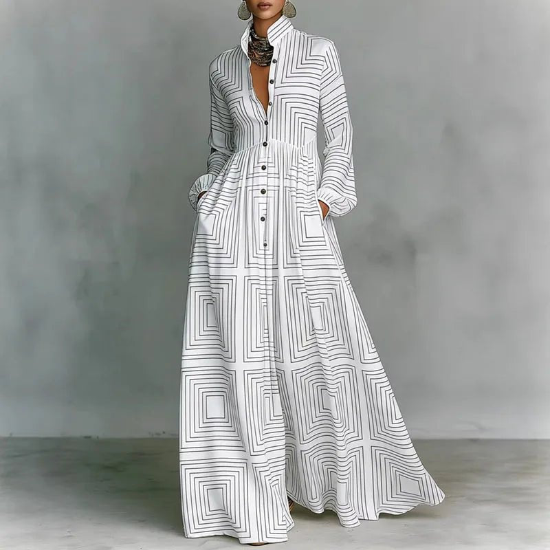 Women's Geometric Print High-Waist Long-Sleeve Maxi Dress - White