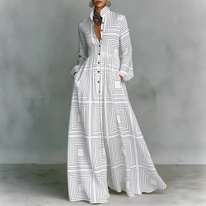 Women's Geometric Print High-Waist Long-Sleeve Maxi Dress - White