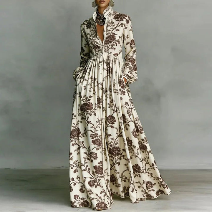 Women's Geometric Print High-Waist Long-Sleeve Maxi Dress - Brown
