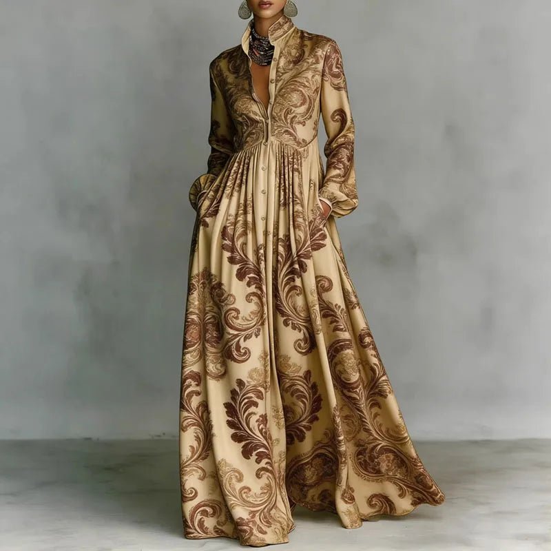 Women's Geometric Print High-Waist Long-Sleeve Maxi Dress - Khaki
