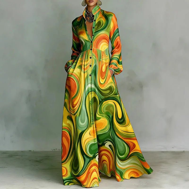 Women's Geometric Print High-Waist Long-Sleeve Maxi Dress - Green