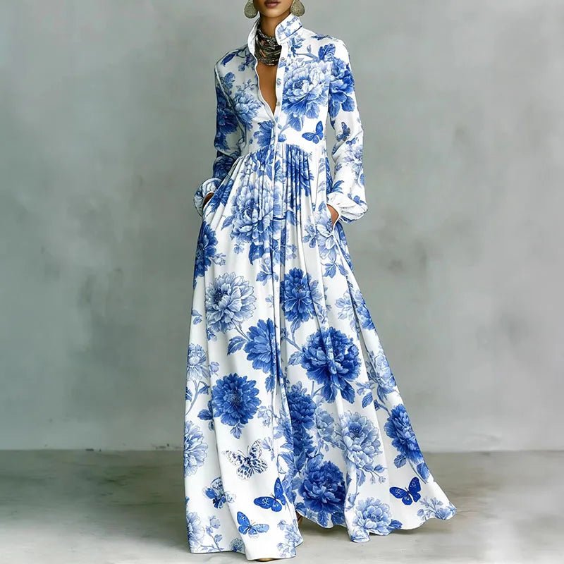 Women's Geometric Print High-Waist Long-Sleeve Maxi Dress - Blue
