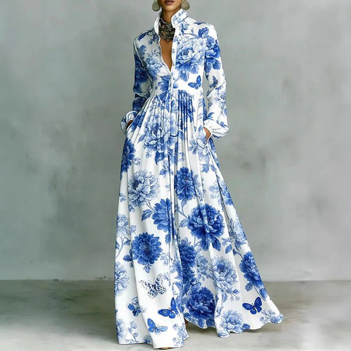 Women's Geometric Print High-Waist Long-Sleeve Maxi Dress - Blue