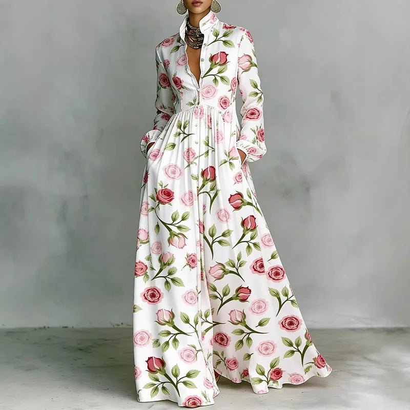 Women's Geometric Print High-Waist Long-Sleeve Maxi Dress - Rose Print