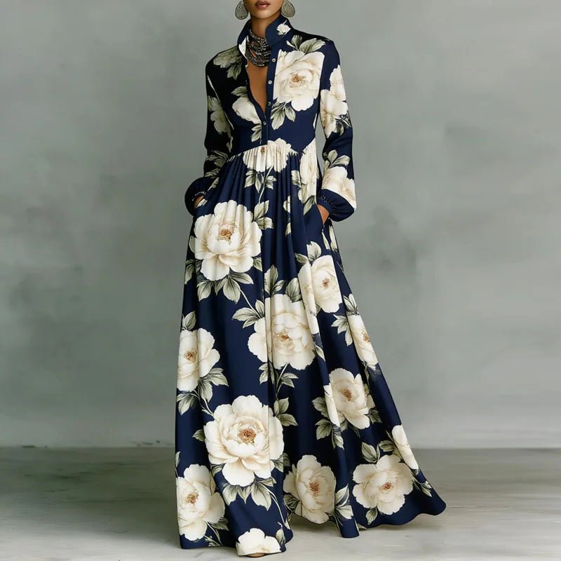 Women's Geometric Print High-Waist Long-Sleeve Maxi Dress - Navy Blue