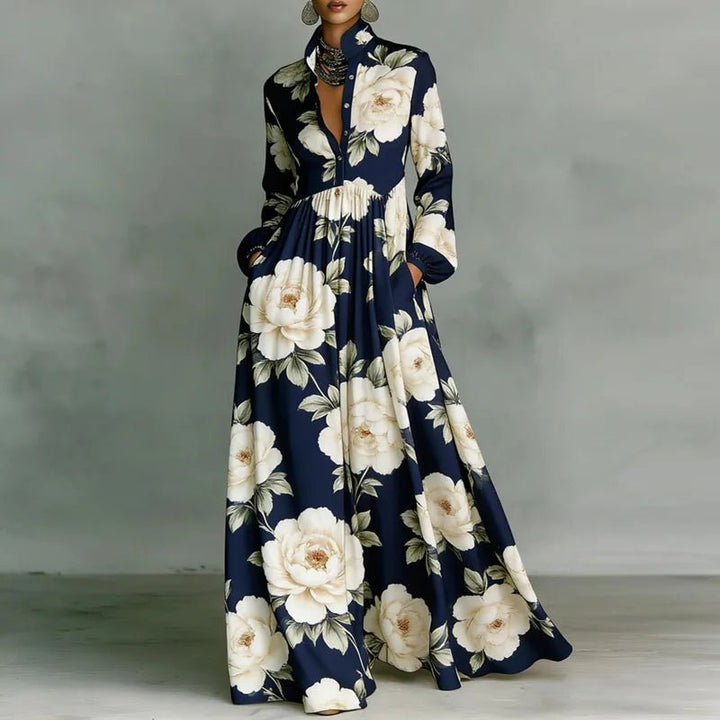 Women's Geometric Print High-Waist Long-Sleeve Maxi Dress - Navy Blue