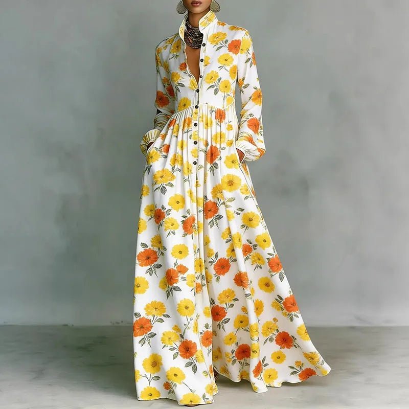 Women's Geometric Print High-Waist Long-Sleeve Maxi Dress - Yellow