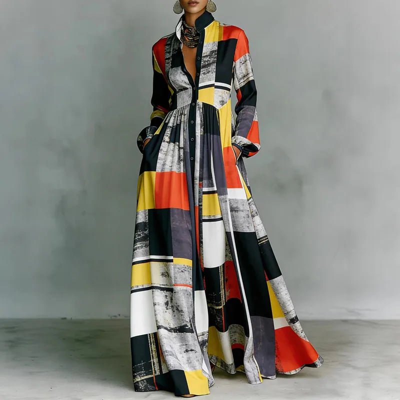 Women's Geometric Print High-Waist Long-Sleeve Maxi Dress - Red