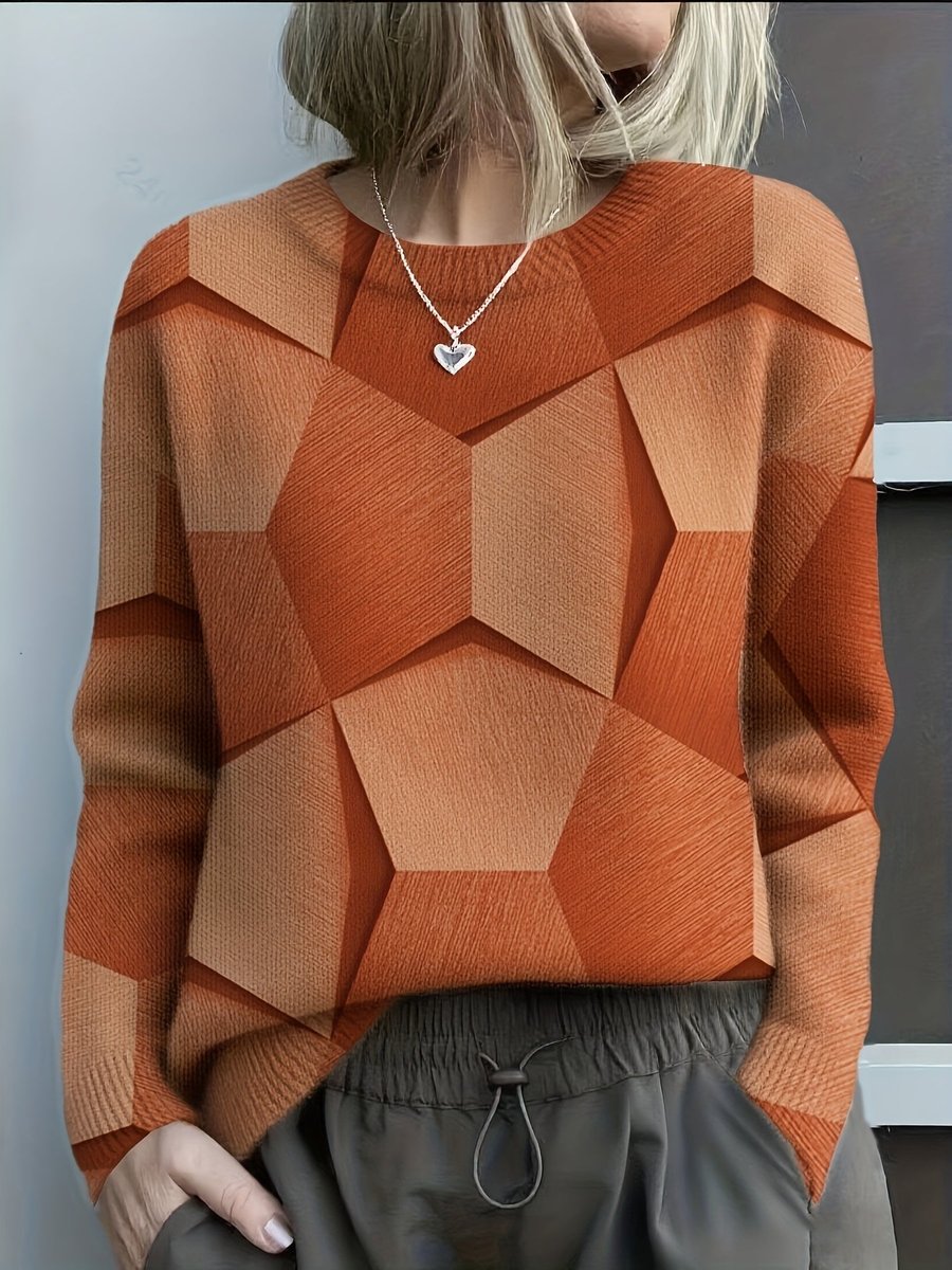 Women's Geometric Print Long Sleeve Knit Sweater Jumper - Orange
