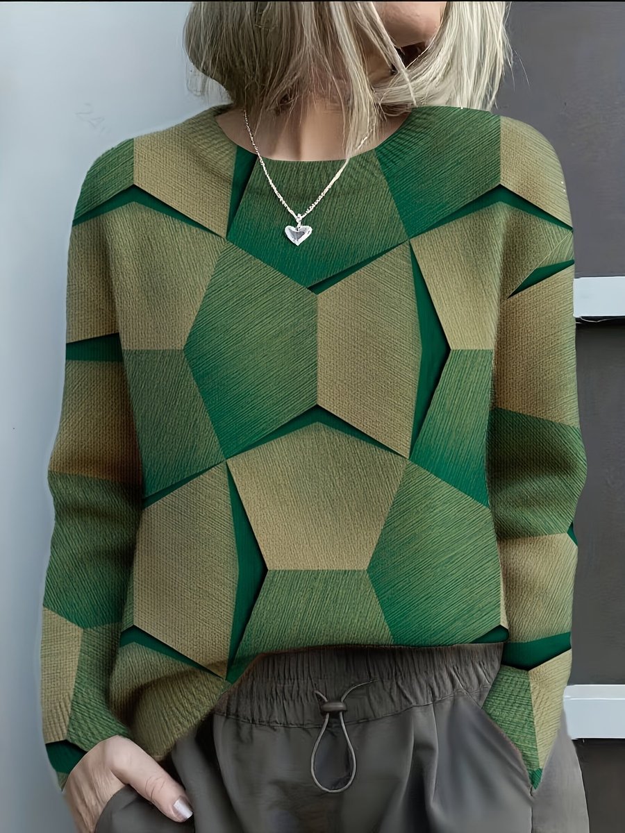 Women's Geometric Print Long Sleeve Knit Sweater Jumper - Green