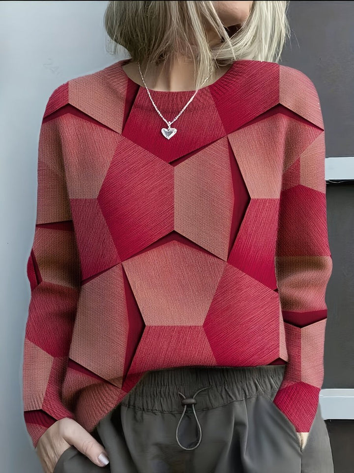 Women's Geometric Print Long Sleeve Knit Sweater Jumper - Red