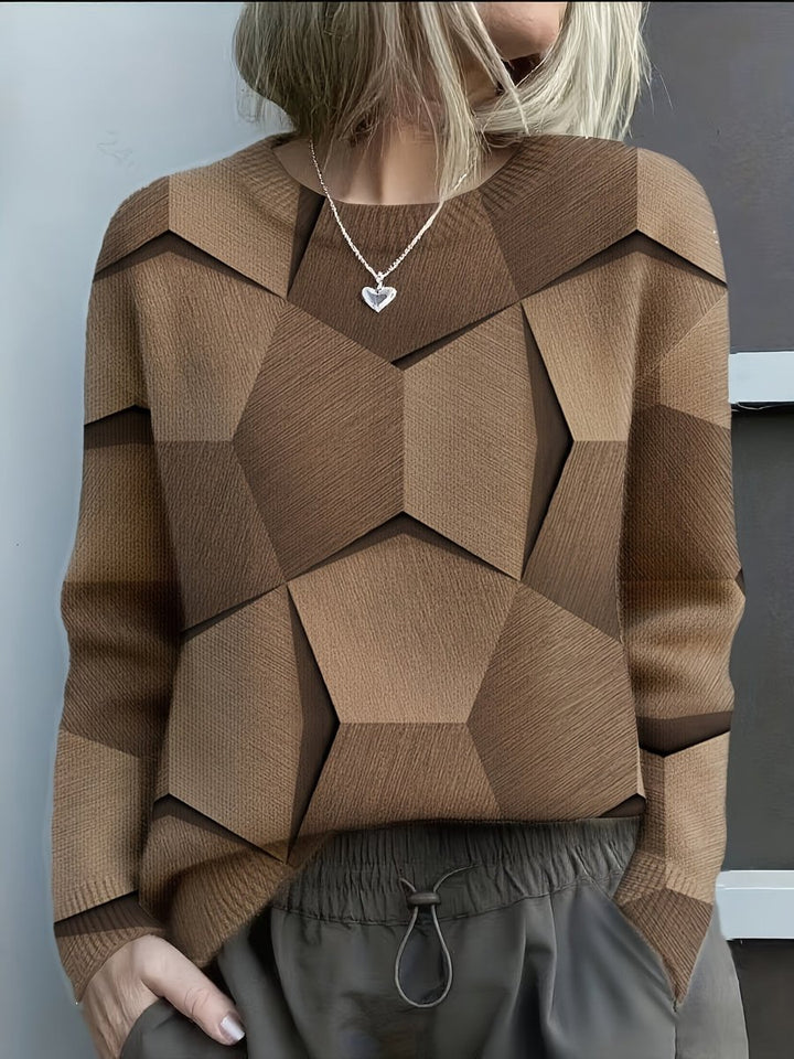 Women's Geometric Print Long Sleeve Knit Sweater Jumper - Brown