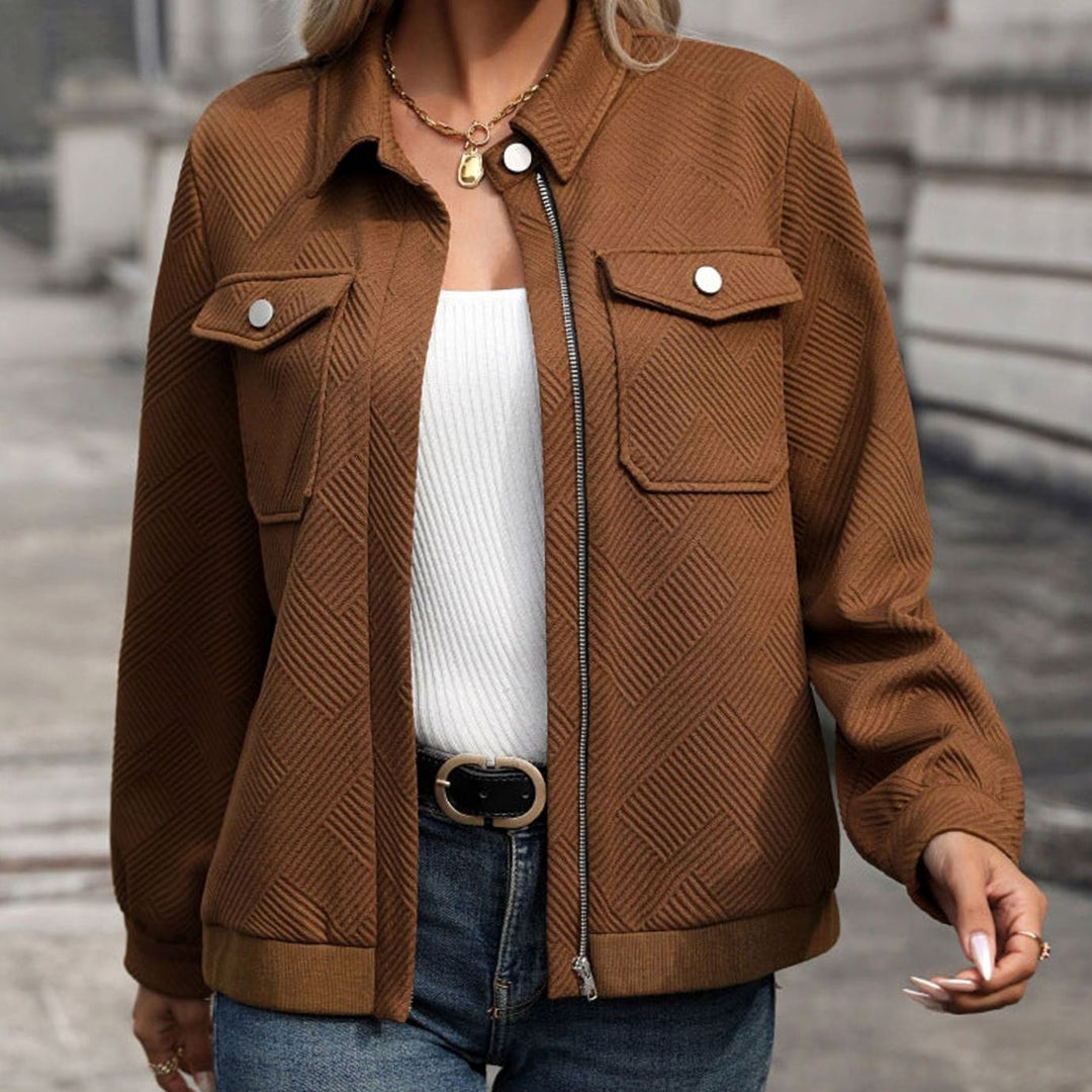 Women's Geometric Quilted Long-Sleeve Zip-Up Jacket Chest Pockets