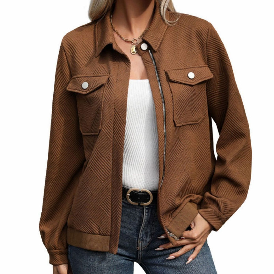 Women's Geometric Quilted Long-Sleeve Zip-Up Jacket Chest Pockets