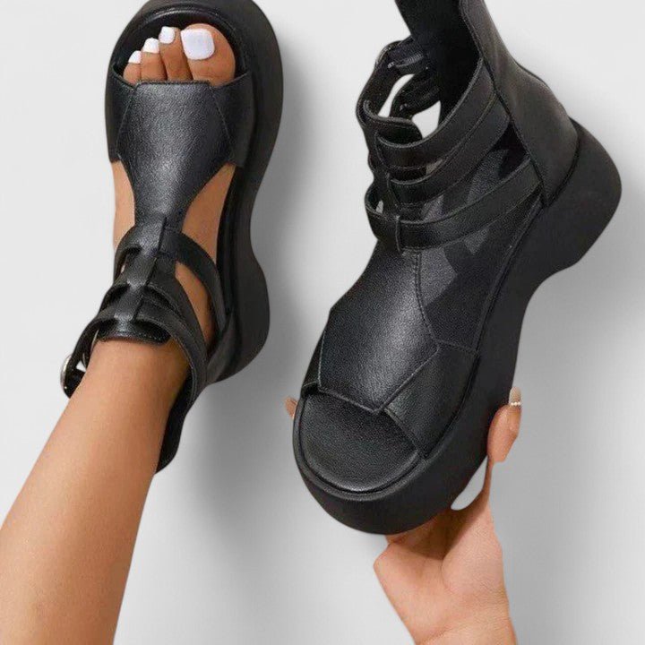 Women's Gladiator Platform Sandals Double-Buckle Ankle-Strap Open-Toe - Schwarz