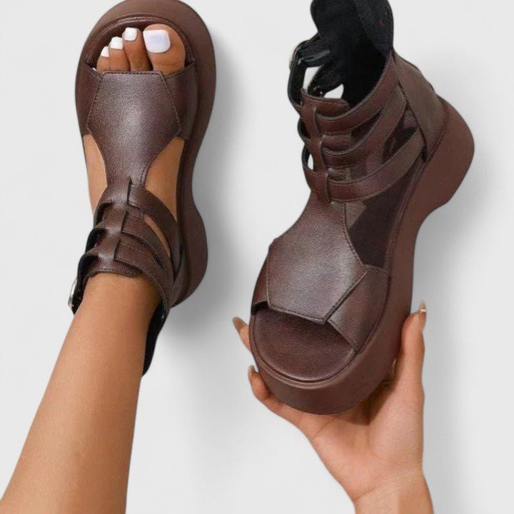Women's Gladiator Platform Sandals Double-Buckle Ankle-Strap Open-Toe - Braun