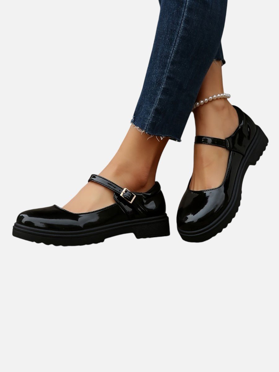 Women's Glossy Patent Mary Jane Flat Loafer Boots Buckle Strap - Black