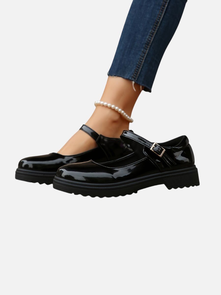 Women's Glossy Patent Mary Jane Flat Loafer Boots Buckle Strap