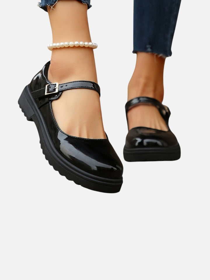 Women's Glossy Patent Mary Jane Flat Loafer Boots Buckle Strap