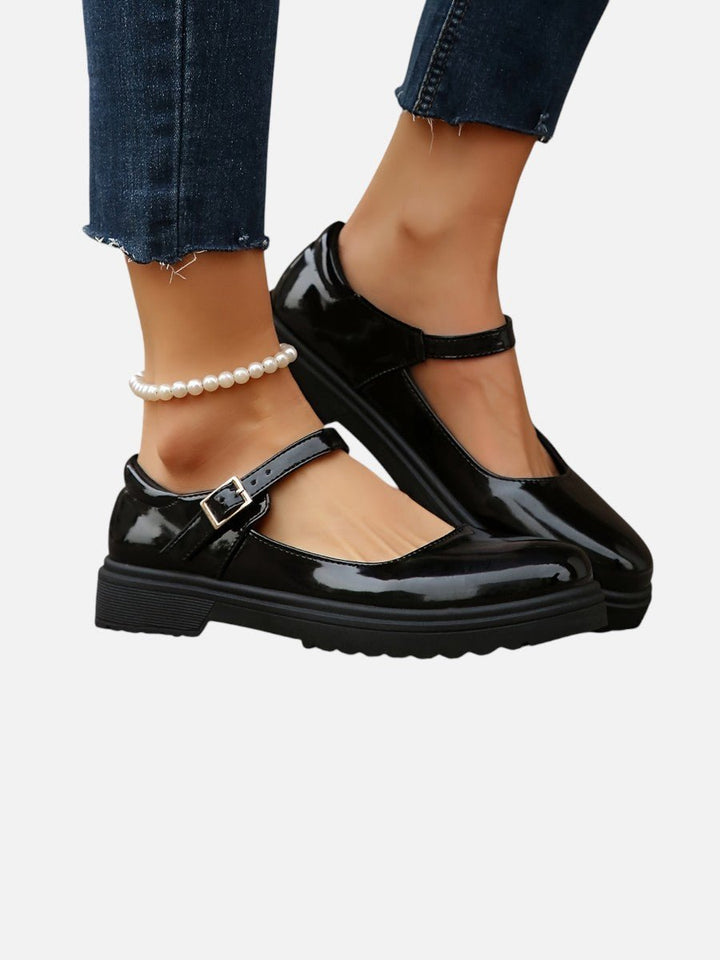 Women's Glossy Patent Mary Jane Flat Loafer Boots Buckle Strap