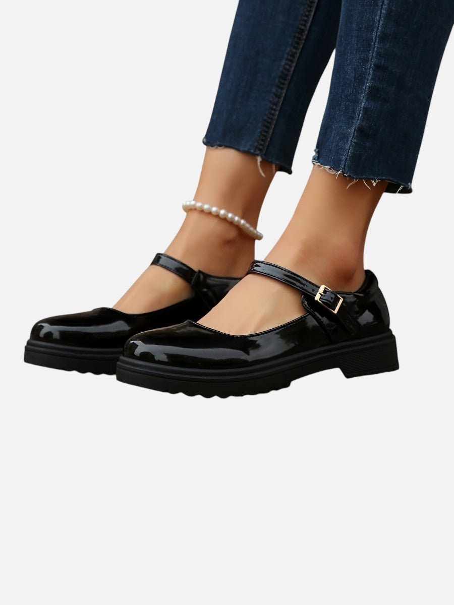 Women's Glossy Patent Mary Jane Flat Loafer Boots Buckle Strap