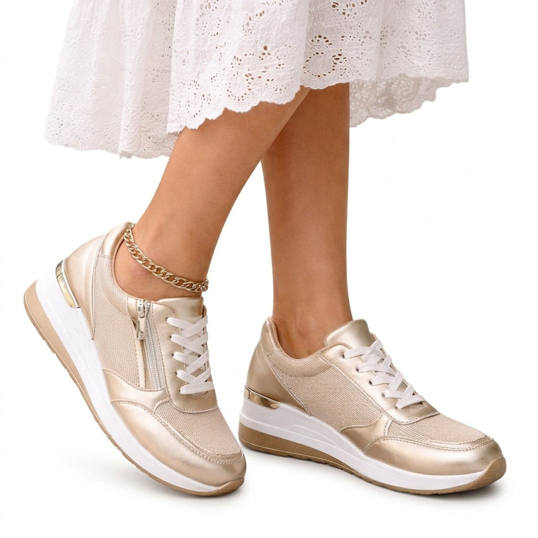 Women's Gold Metallic Lace-Up Wedge Platform Trainers - Gold