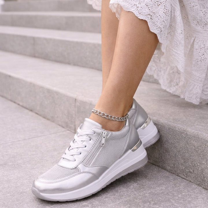 Women's Gold Metallic Lace-Up Wedge Platform Trainers - Silver