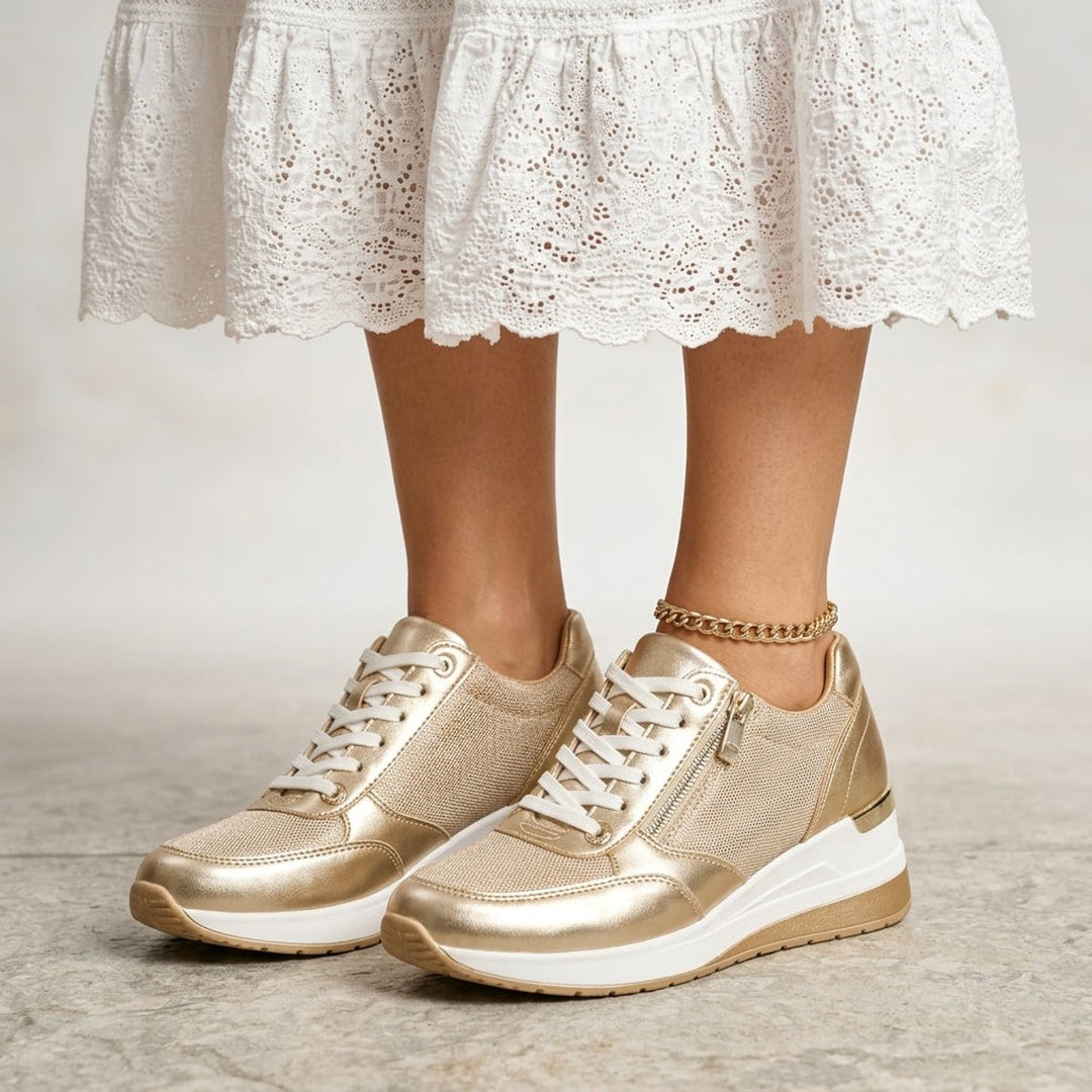 Women's Gold Metallic Lace-Up Wedge Platform Trainers