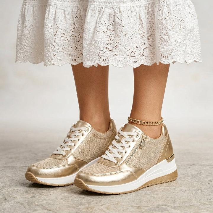 Women's Gold Metallic Lace-Up Wedge Platform Trainers