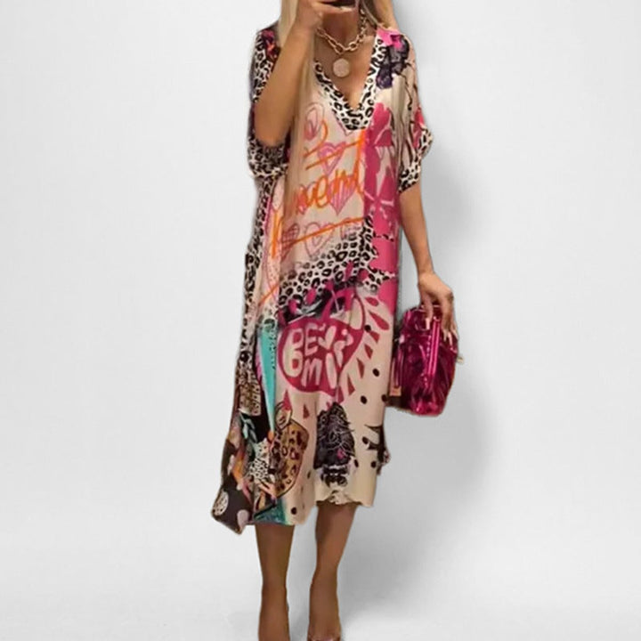 Women's Graphic Print V-Neck Swing Tunic Midi Dress