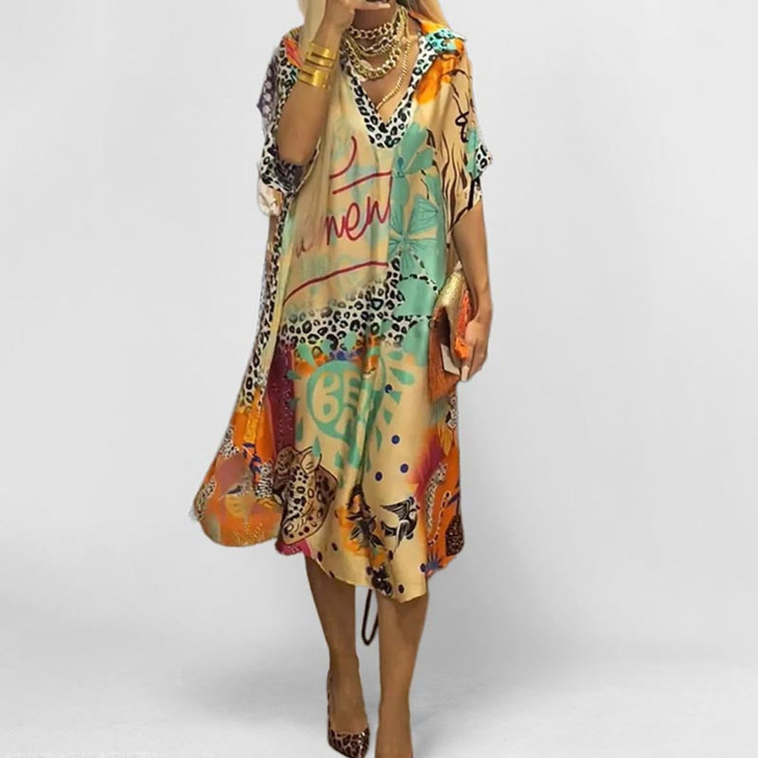 Women's Graphic Print V-Neck Swing Tunic Midi Dress