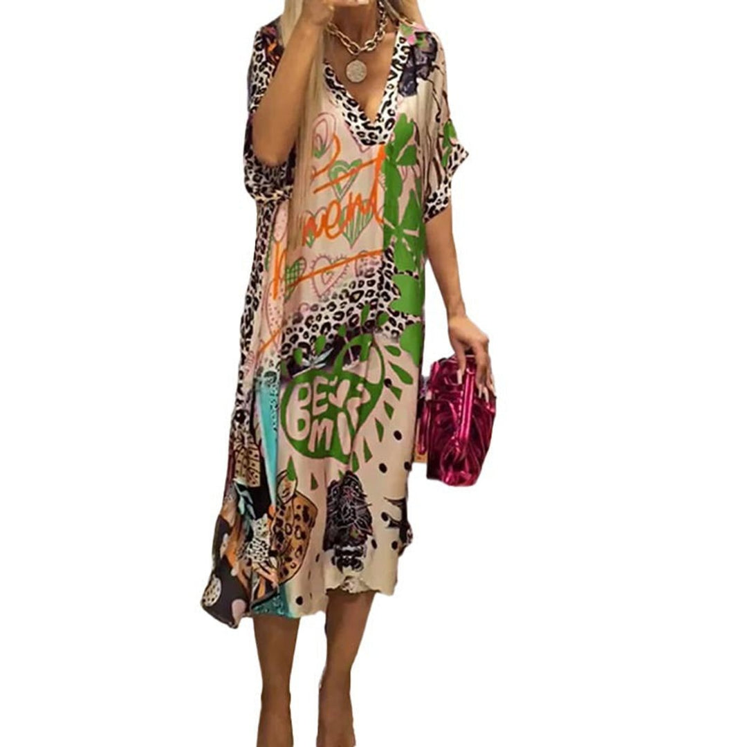 Women's Graphic Print V-Neck Swing Tunic Midi Dress