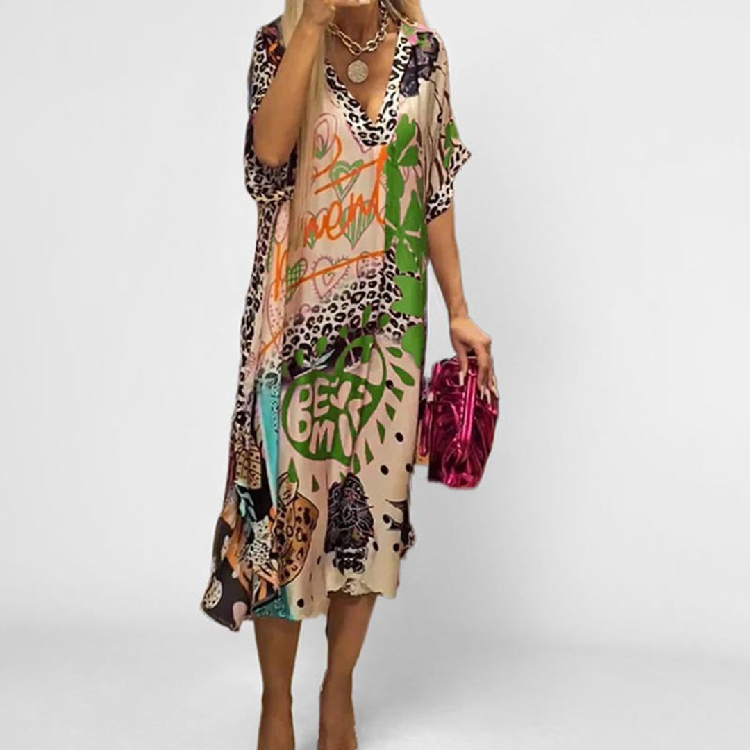 Women's Graphic Print V-Neck Swing Tunic Midi Dress - Grün