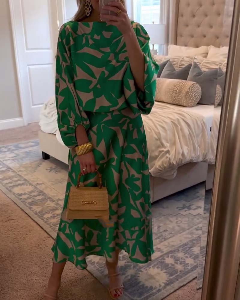 Women's Green Leaf Print Lantern Sleeve Two-Piece Set - Green