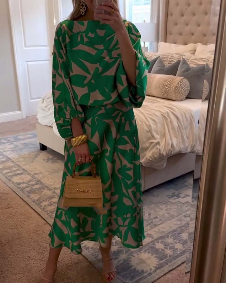 Women's Green Leaf Print Lantern Sleeve Two-Piece Set - Green