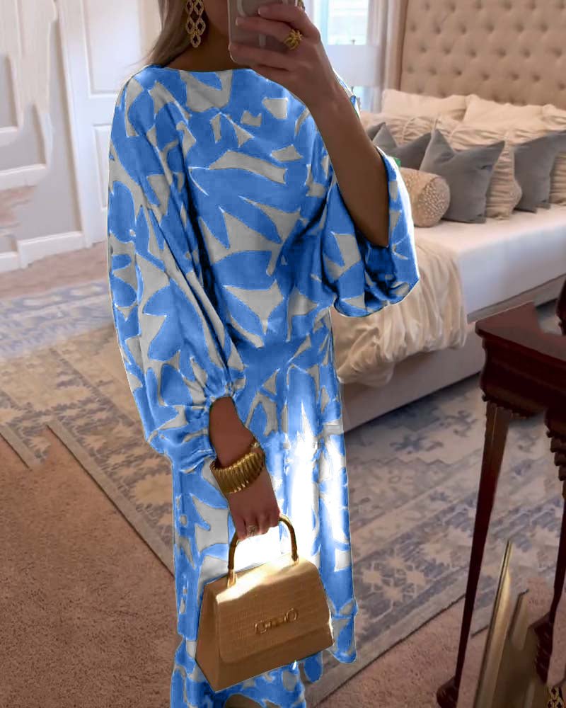 Women's Green Leaf Print Lantern Sleeve Two-Piece Set