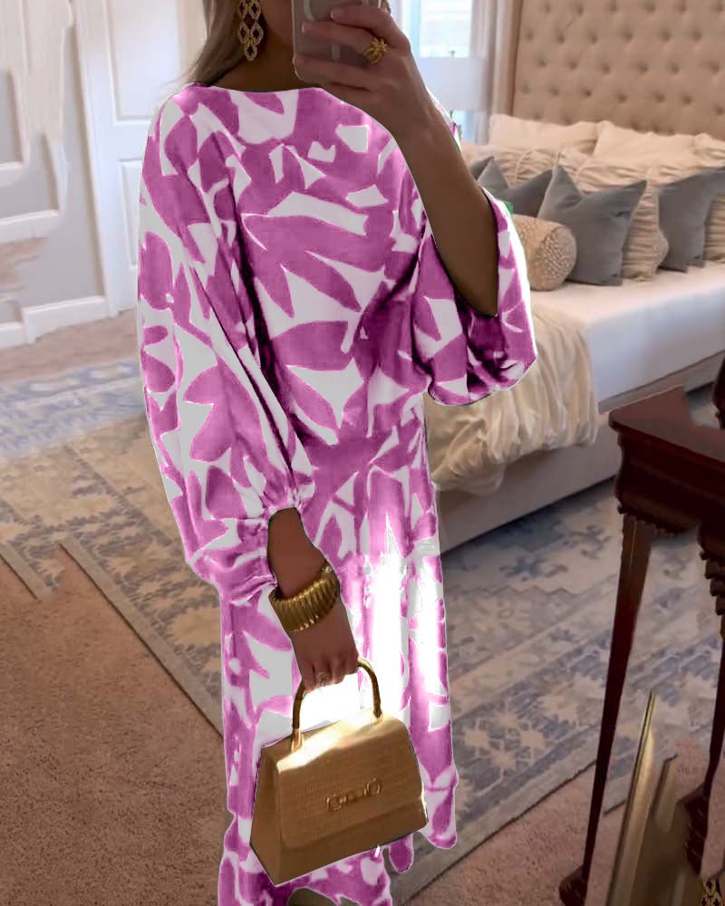 Women's Green Leaf Print Lantern Sleeve Two-Piece Set