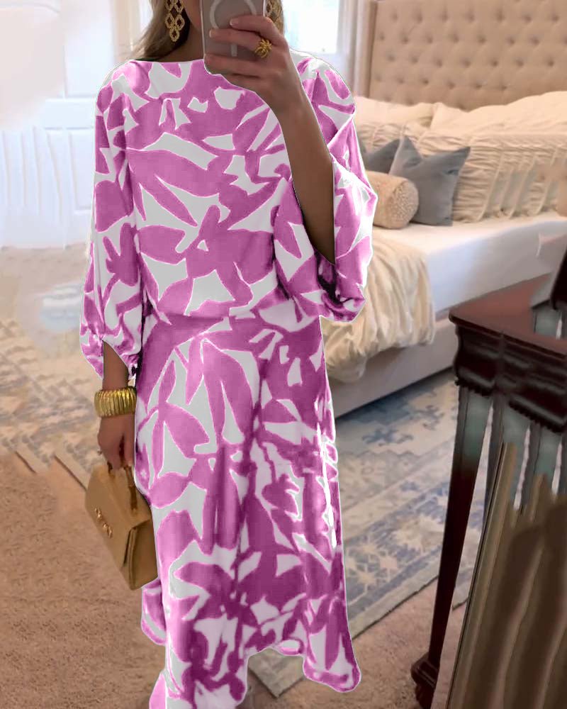 Women's Green Leaf Print Lantern Sleeve Two-Piece Set