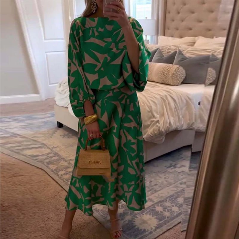 Women's Green Leaf Print Lantern Sleeve Two-Piece Set