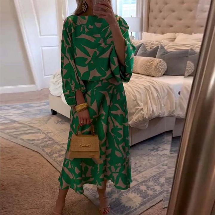Women's Green Leaf Print Lantern Sleeve Two-Piece Set