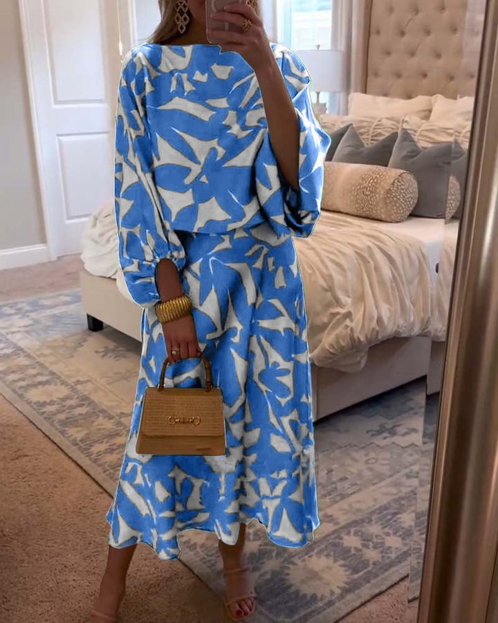 Women's Green Leaf Print Lantern Sleeve Two-Piece Set - Blue