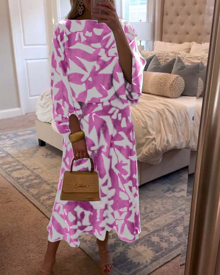 Women's Green Leaf Print Lantern Sleeve Two-Piece Set - Pink