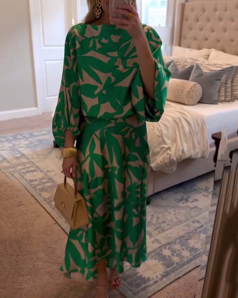 Women's Green Leaf Print Lantern Sleeve Two-Piece Set