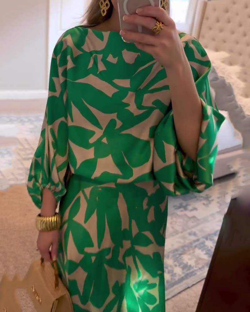 Women's Green Leaf Print Lantern Sleeve Two-Piece Set
