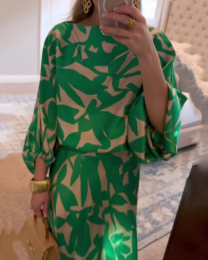 Women's Green Leaf Print Lantern Sleeve Two-Piece Set