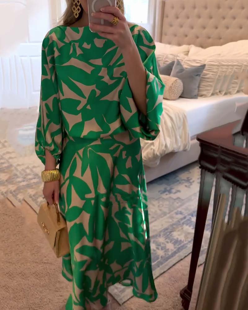 Women's Green Leaf Print Lantern Sleeve Two-Piece Set