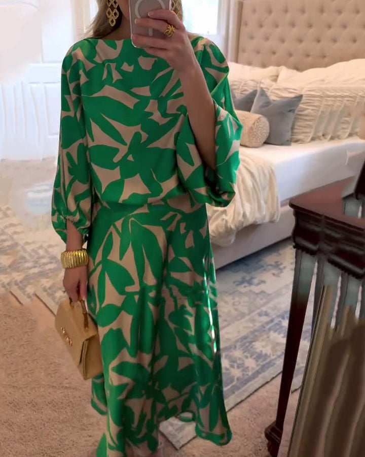 Women's Green Leaf Print Lantern Sleeve Two-Piece Set