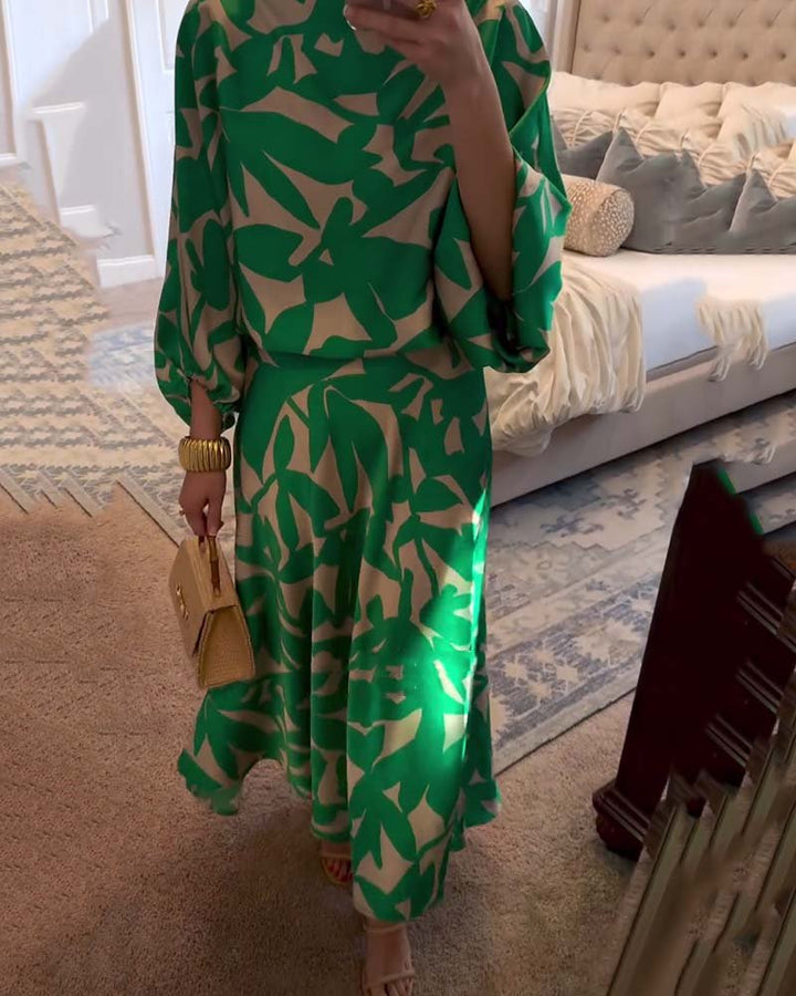 Women's Green Leaf Print Lantern Sleeve Two-Piece Set