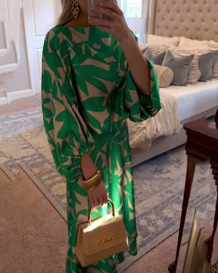 Women's Green Leaf Print Lantern Sleeve Two-Piece Set